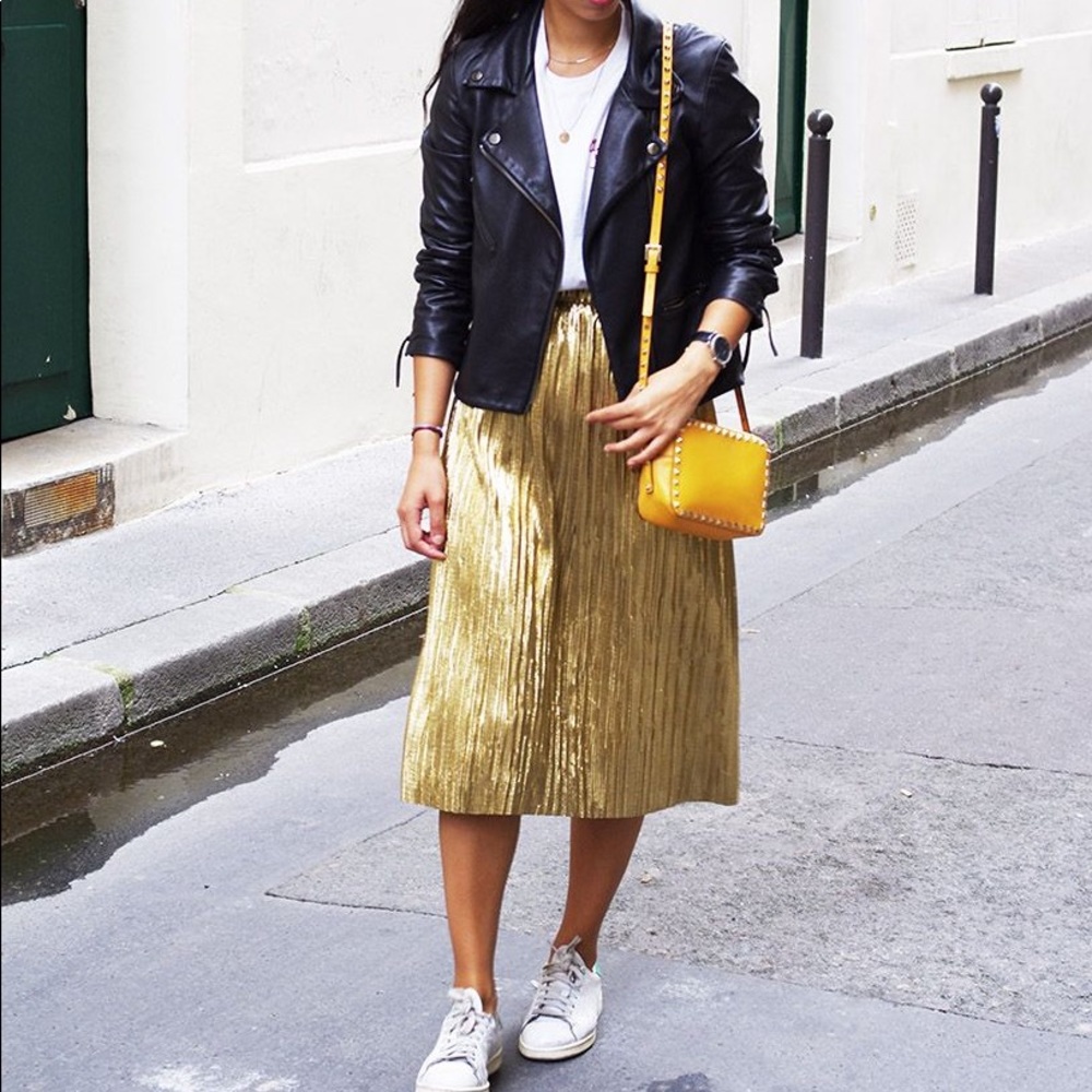Zara Gold Metallic Pleaded Mid Length Skirt